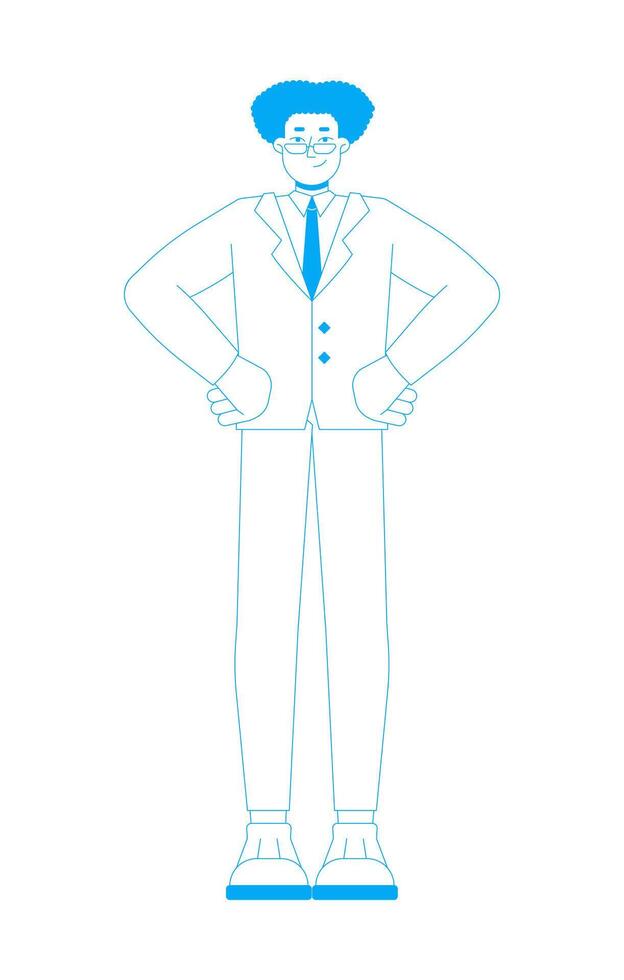 Confident hispanic man with glasses in formal suit 2D outline cartoon character. Businessman standing with hands on hips isolated person flat on white background. Spot illustration colorful vector