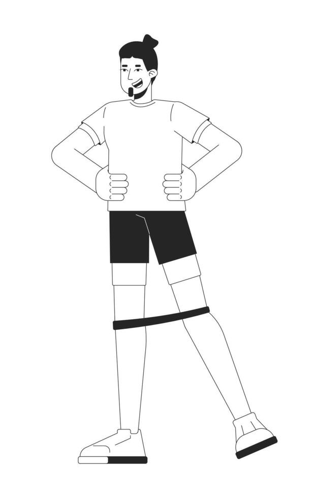 Caucasian man exercising with resistance band around knees black and white 2D line character. Lower body workout. Personal trainer isolated outline person. Monochromatic spot illustration vector