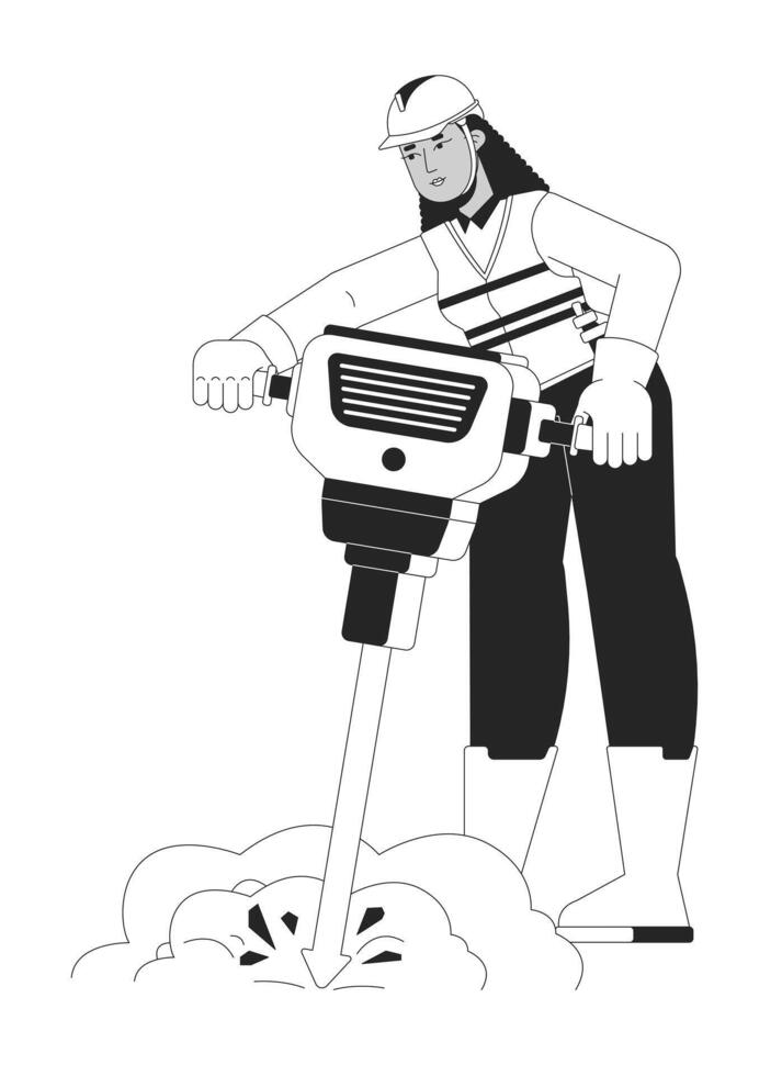 Female road construction worker with jackhammer linear illustration. Hispanic woman operating jack hammer to break concrete 2D line character isolated on white. Monochrome outline image vector