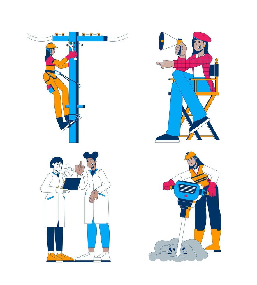Diverse women in male-dominated workplace cartoon flat illustrations set. Electrician, movie director, STEM scientists, blue collar 2D characters isolated on white. Collection color images vector