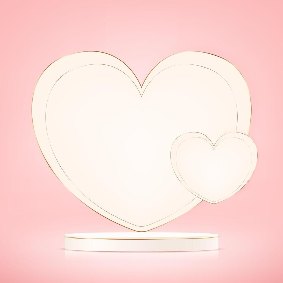 Pink background 3d with beige Heart, and podium. Product display presentation. Space for selling products, backdrop, wallpaper, background, text. illustration. vector