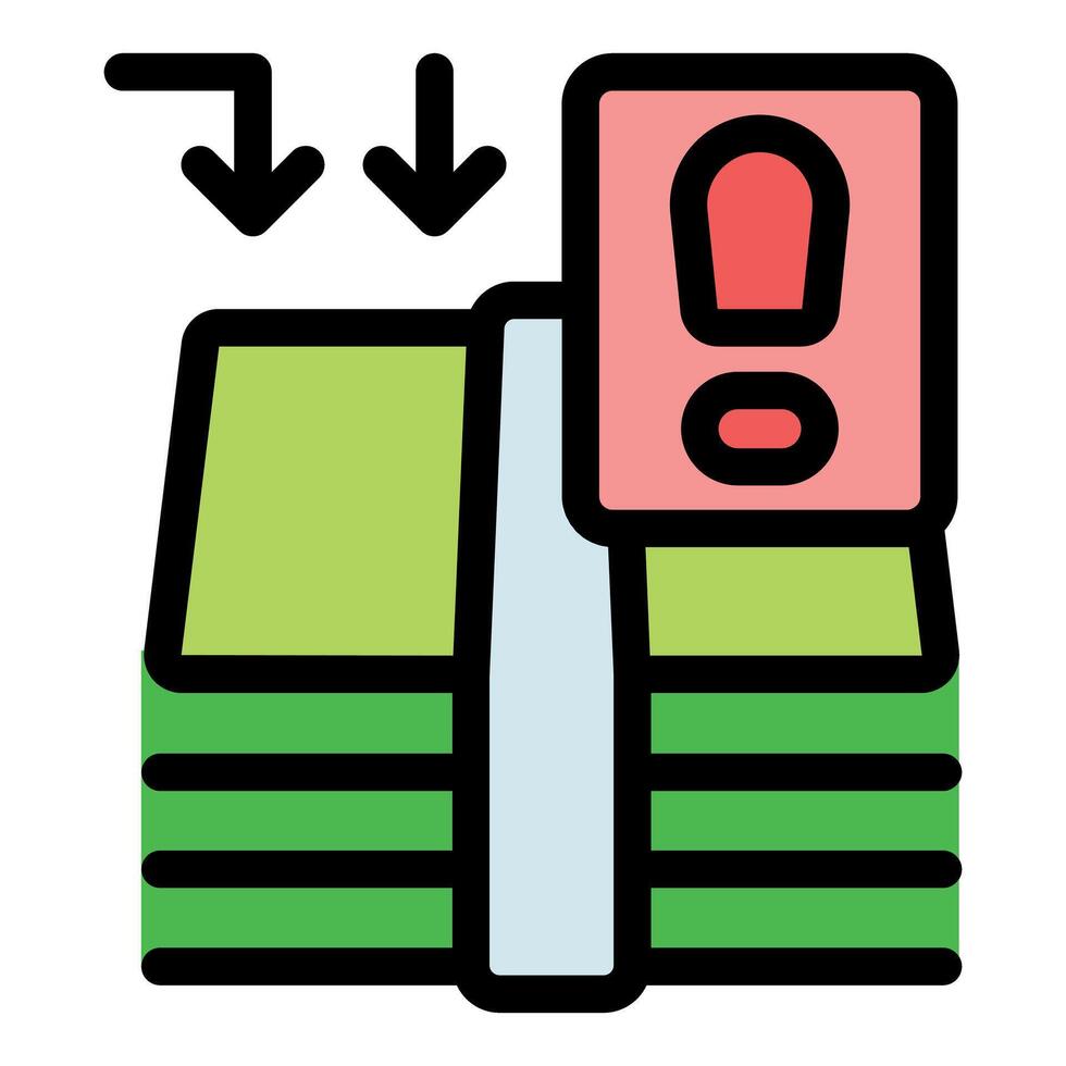 Stack of money showing alert and two downward arrows, business risk concept vector