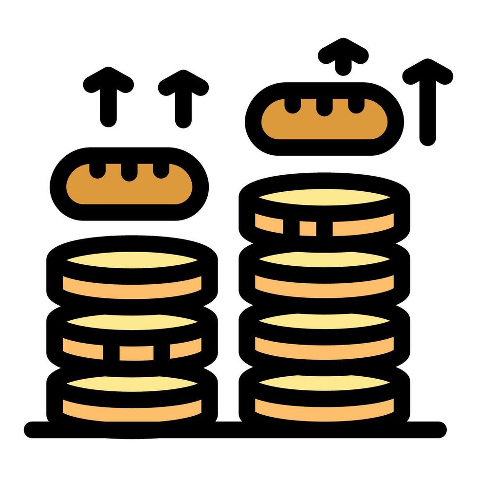 Bread price increasing, food cost inflation concept with stacked coins and upward arrows vector