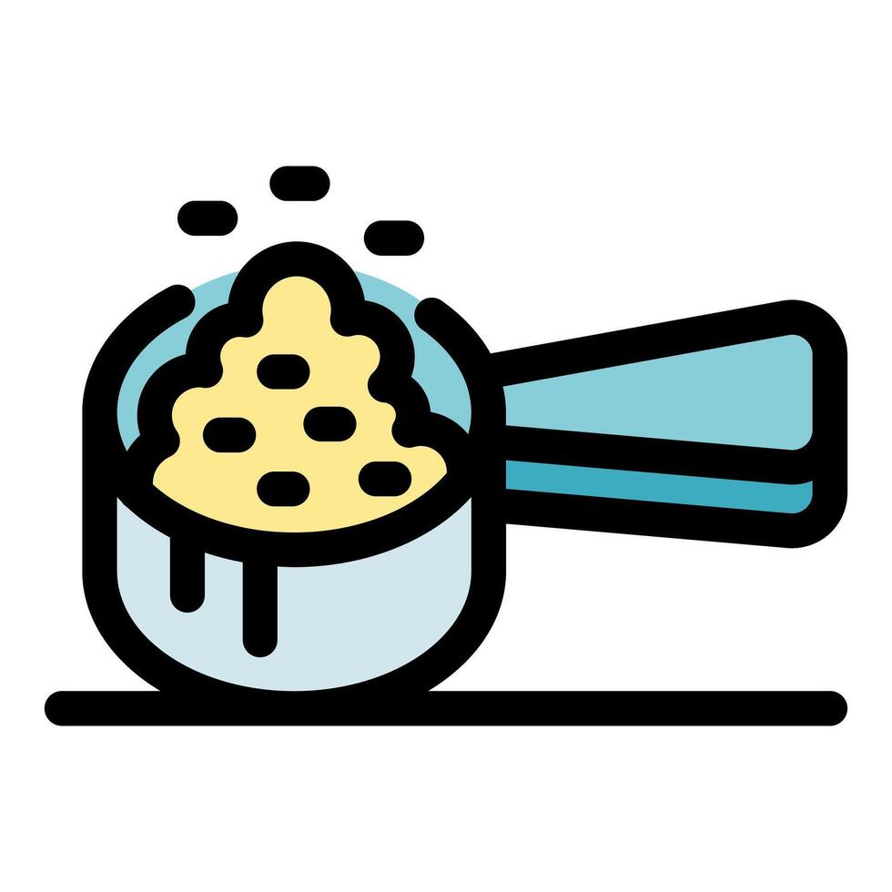 Measuring scoop overflowing with protein powder for fitness nutrition vector