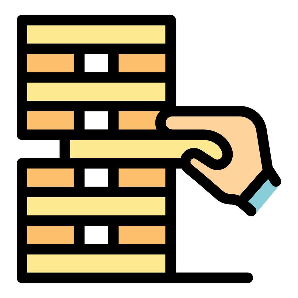 Hand carefully pulling block from jenga tower vector
