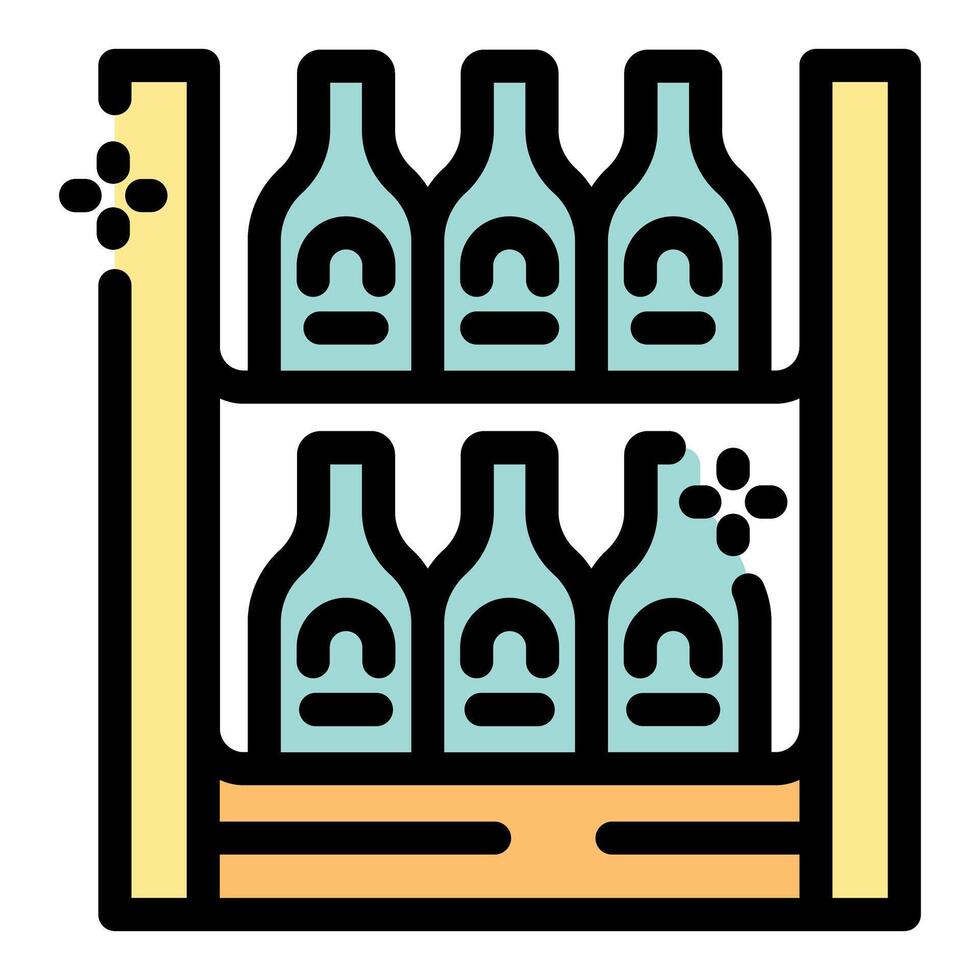 Wine bottles resting on wooden shelves, ready for display and sale vector