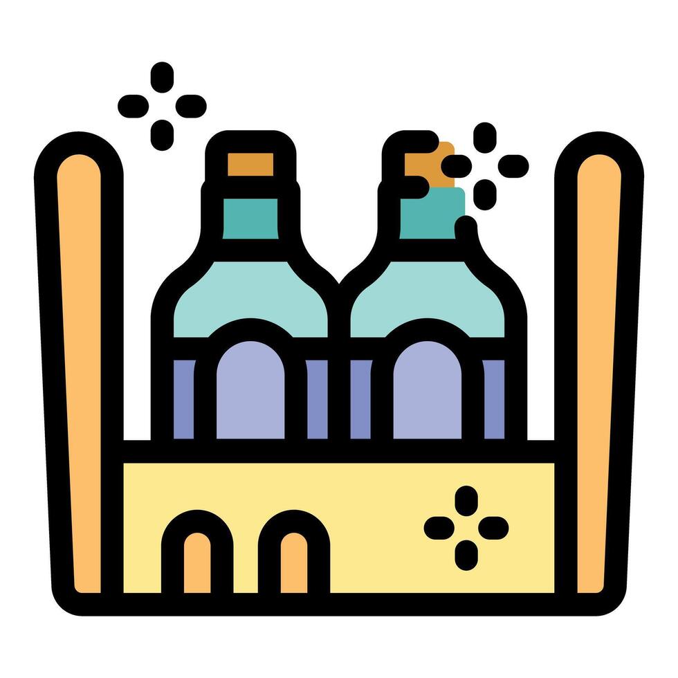 Two glass bottles inside wooden box with open cap sparkling vector