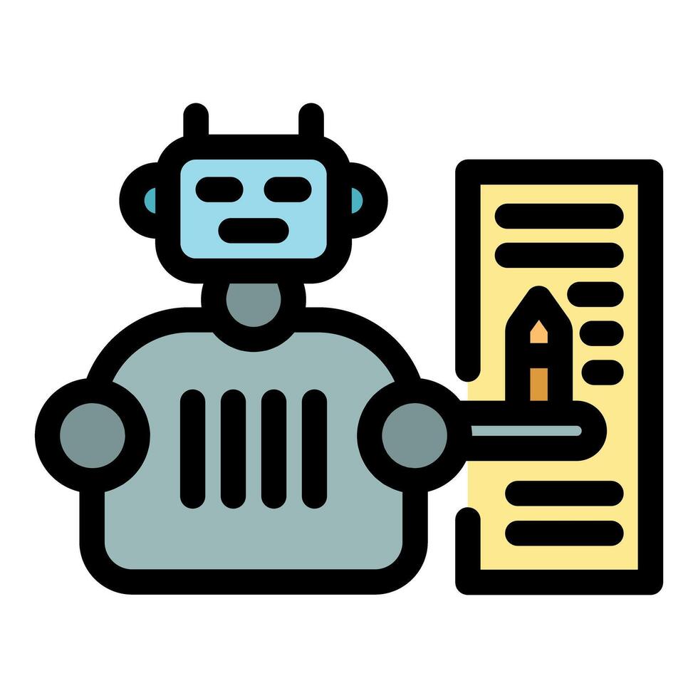 Robot writing code with pencil on paper, artificial intelligence programming concept vector