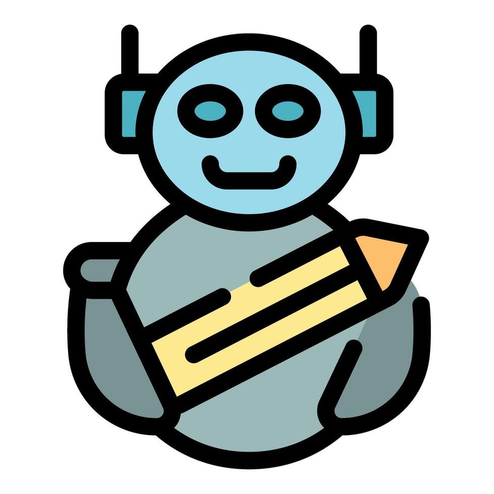 Smiling robot holding pencil, artificial intelligence creating content vector