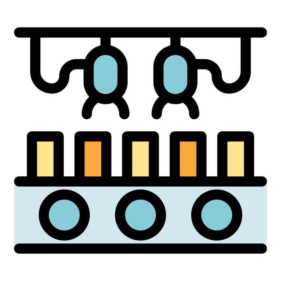 Robotic arms assembling products on conveyor belt vector