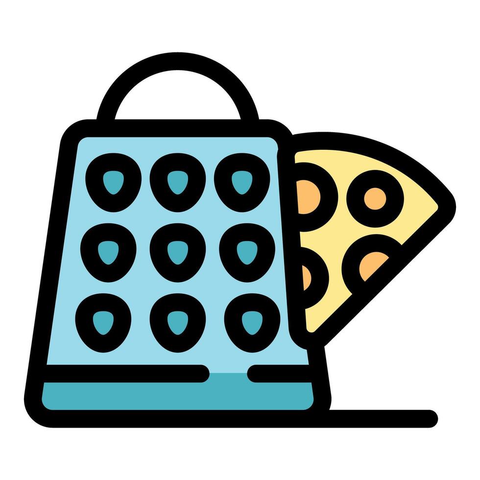 Grater preparing slice of pizza with pepperoni for cooking process vector