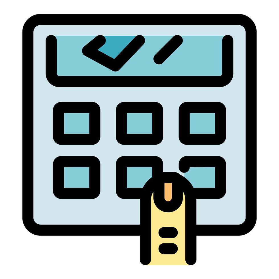 Finger pressing button on calculator with check mark displaying calculation result vector