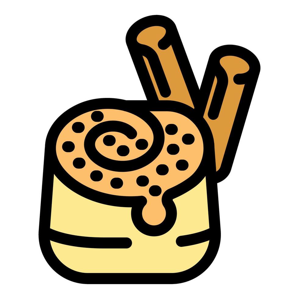 Cinnamon roll with dripping icing and cinnamon sticks, bakery pastry dessert icon vector