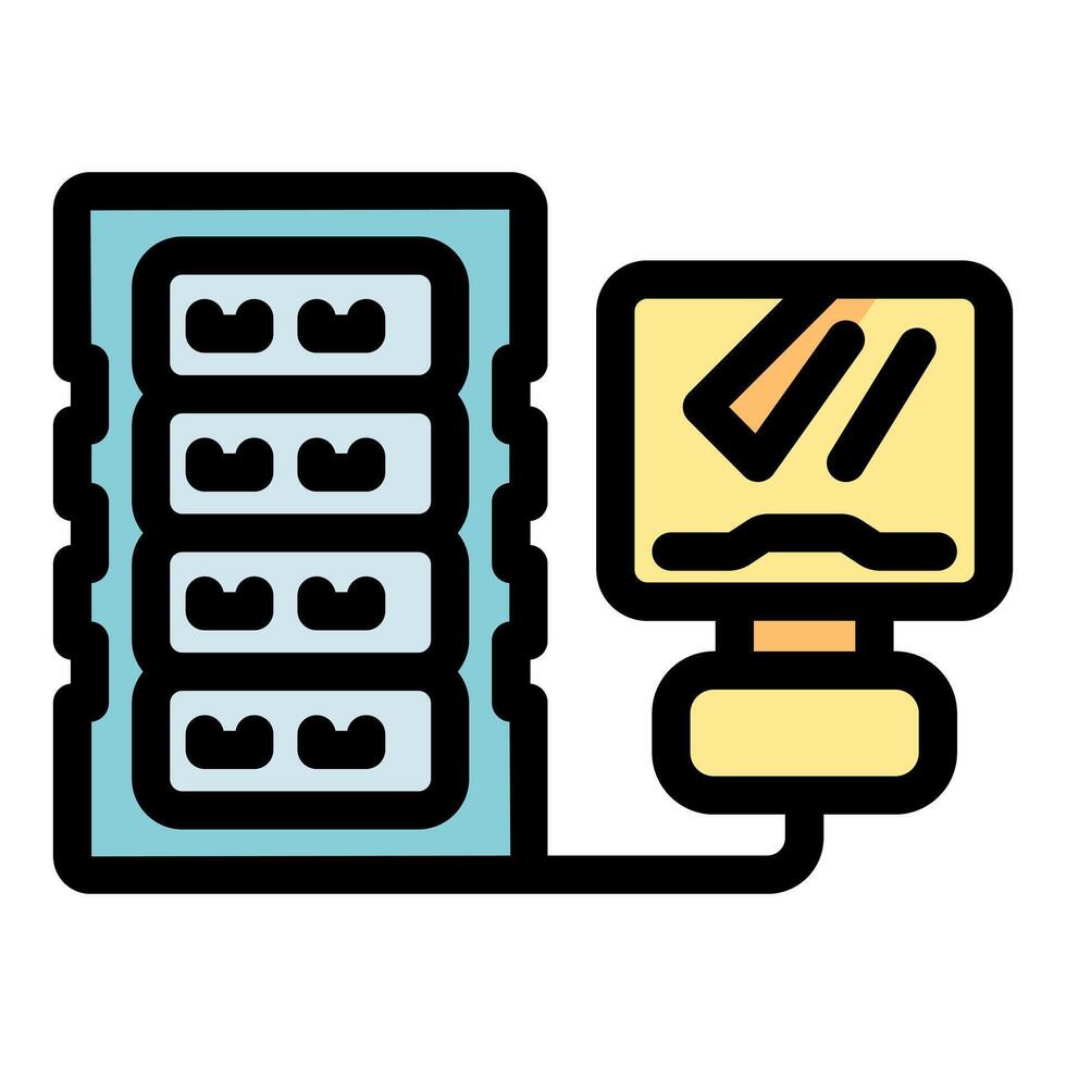 Server rack connecting to monitor displaying processing data, modern data center infrastructure vector