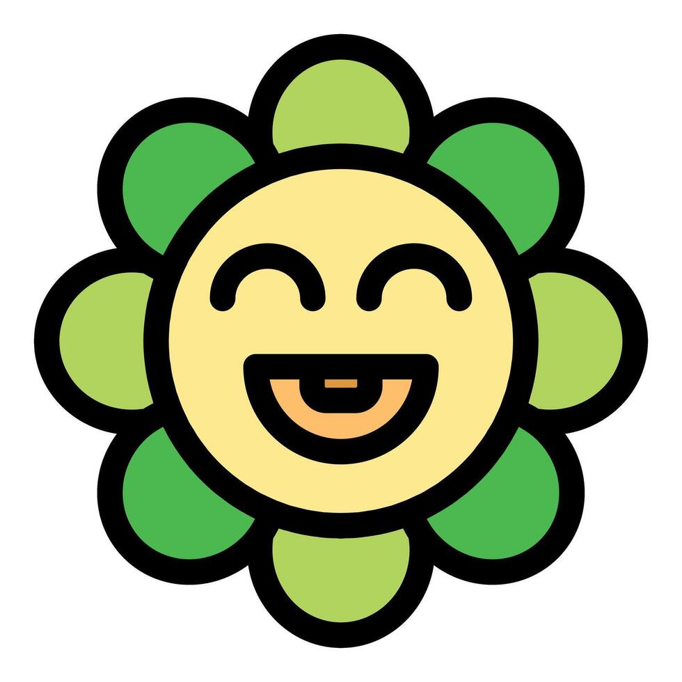 Happy flower character laughing with closed eyes and green petals vector
