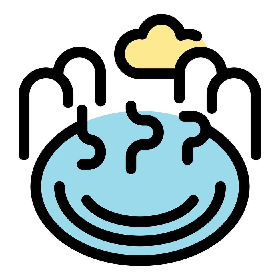 Geothermal hot spring surrounded by lush greenery and steam rising into cloudy sky vector