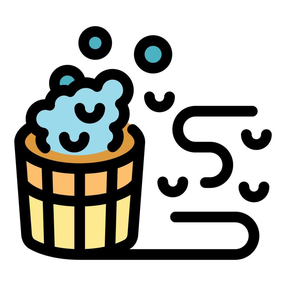 Hot relaxing bath in wooden bucket releasing steam and bubbles vector
