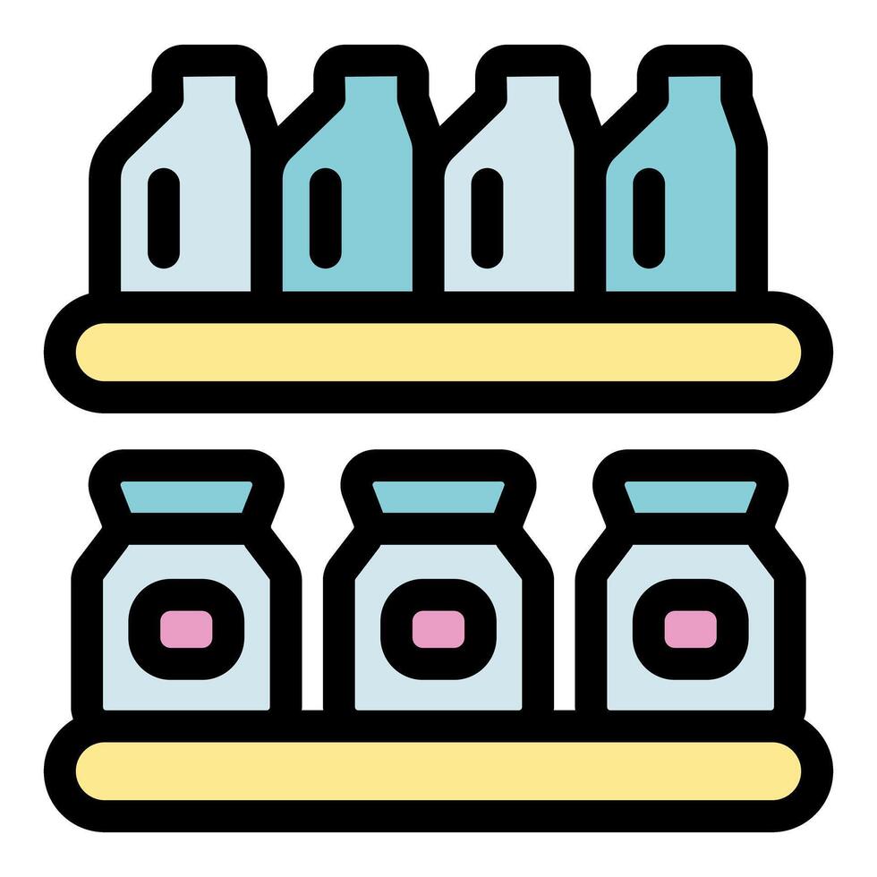 Supermarket shelves containing milk bottles and yogurt jars vector