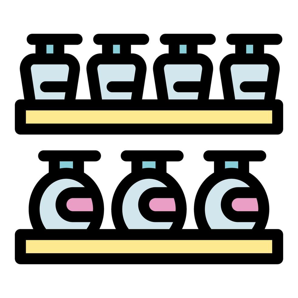 Nail polish bottles and round jars displayed on shelves in beauty salon or store vector