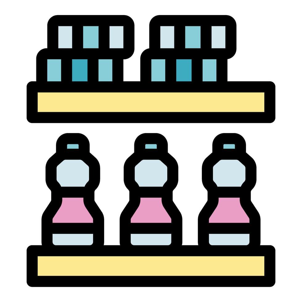 Supermarket shelf displaying products, promoting sales and consumerism vector