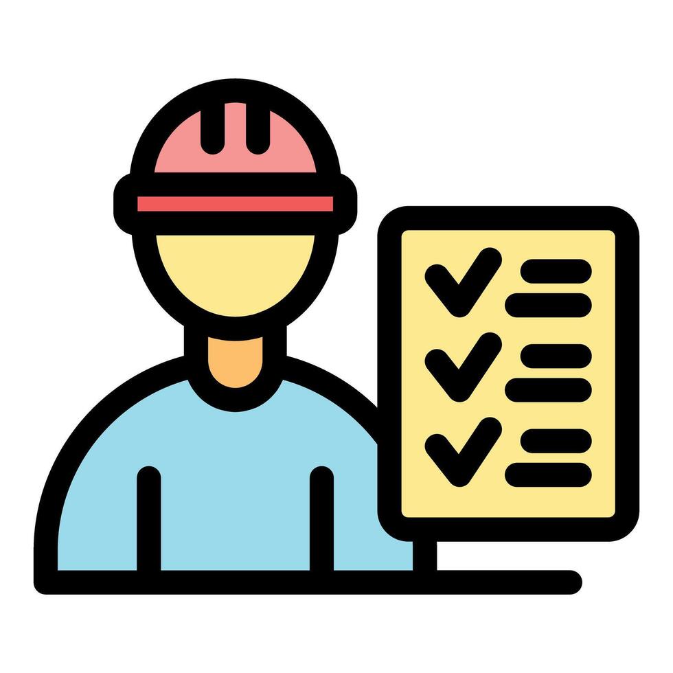 Construction worker checking completed tasks on checklist icon vector