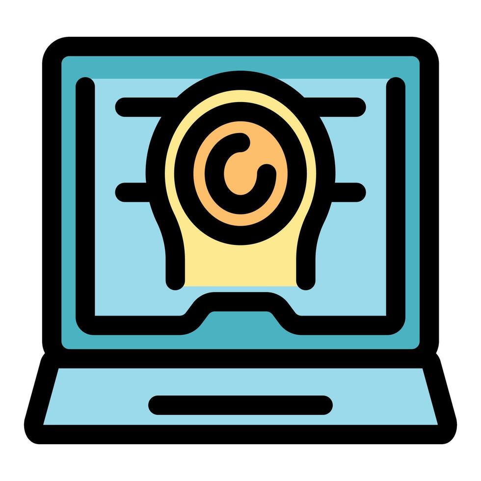 Laptop displaying virtual reality simulation of human head and brain activity vector
