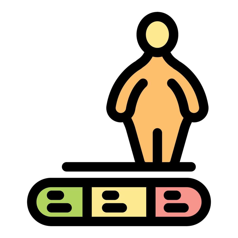 Overweight person standing on body mass index scale icon vector