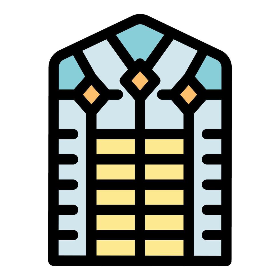 Arched window with geometric stained glass and shutters showing traditional architecture vector