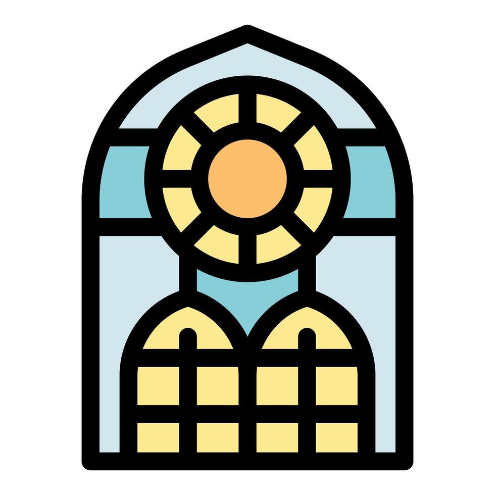 Arched stained glass window depicting a radiant sun and grid pattern vector