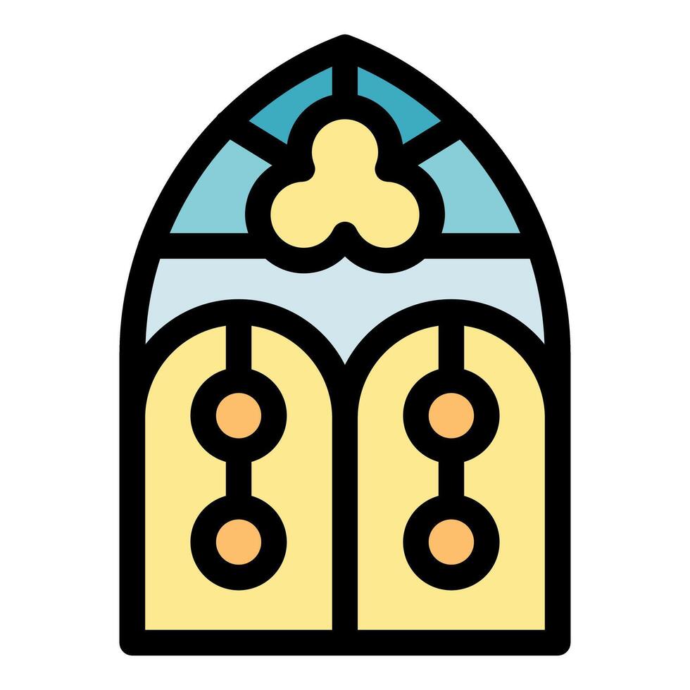 Arched stained glass window showing decorative elements and hanging ornaments vector