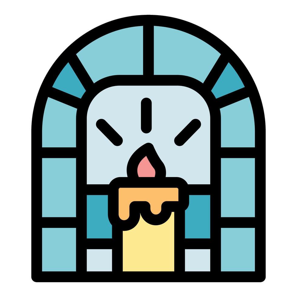 Burning candle illuminating arched mosaic window vector