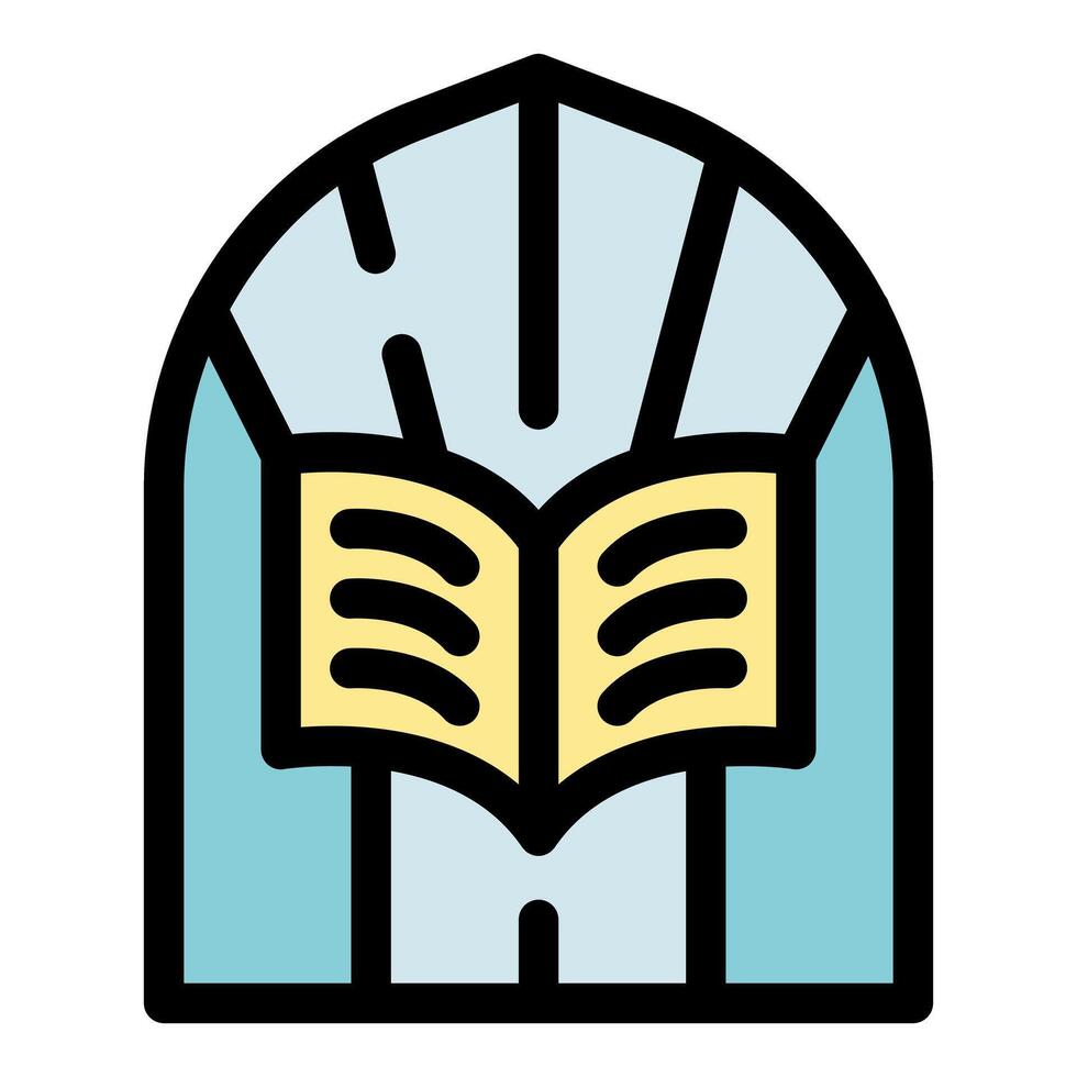 Open book inside arched window symbolizing knowledge and learning vector