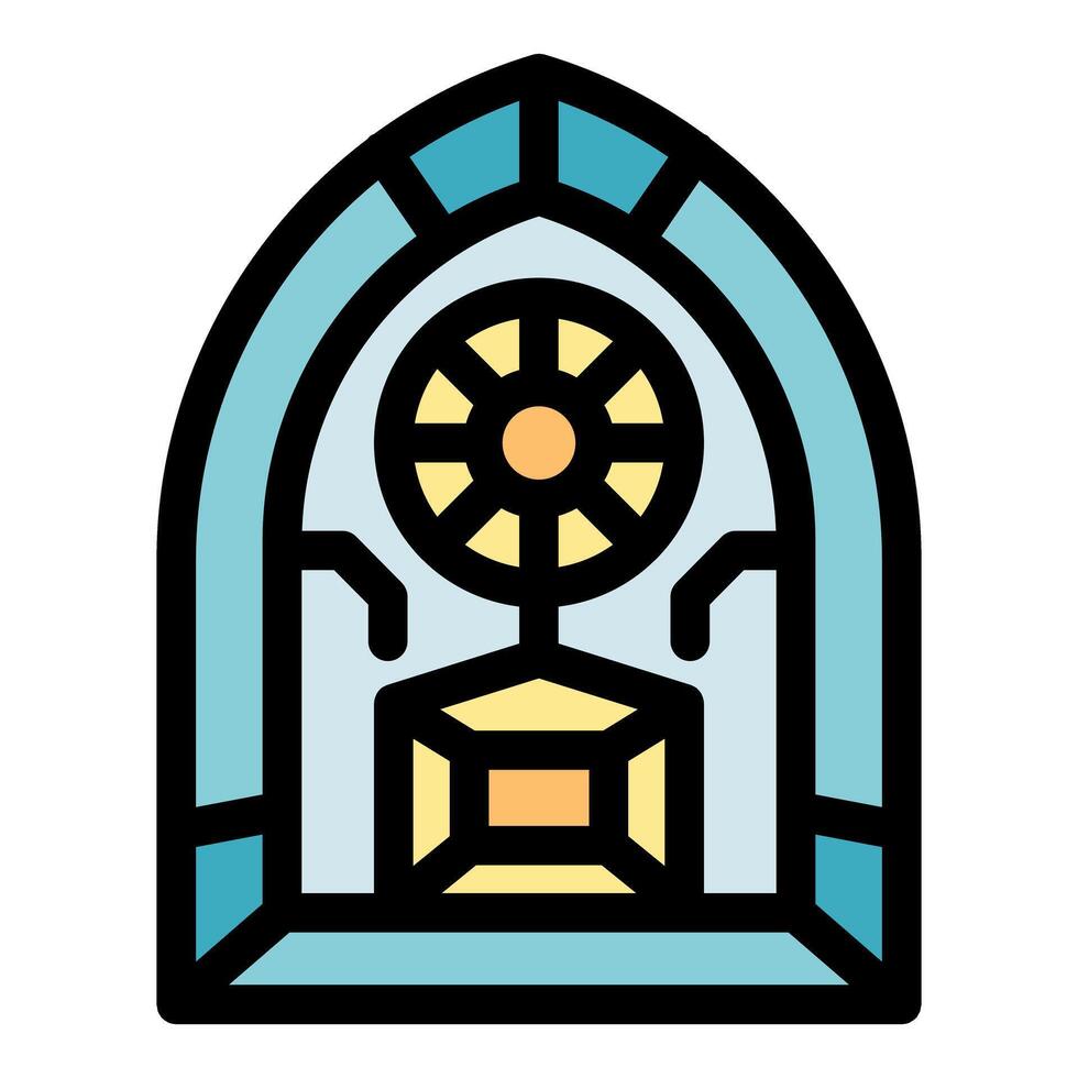Arched window showing dharma wheel and cubic pedestal inside buddhist temple vector