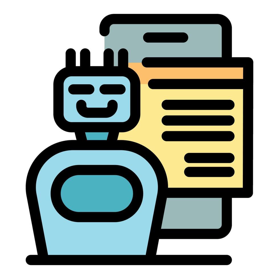 Smiling robot reading code on screen, programming and software development vector