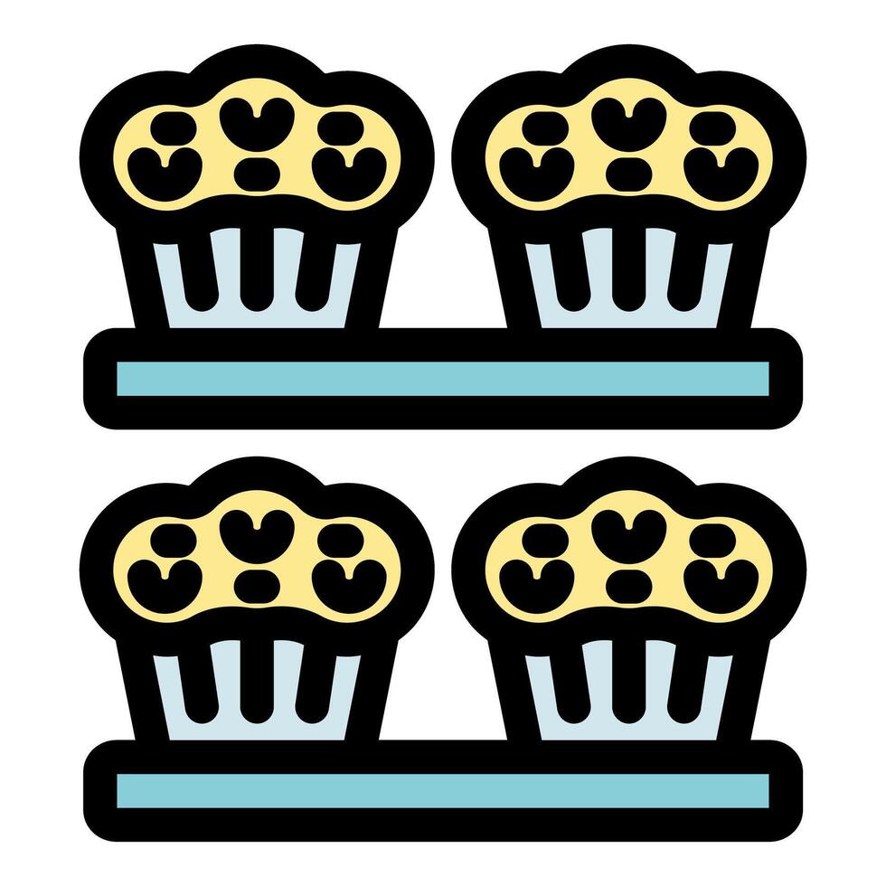 Four muffins baking and cooling on wire rack vector