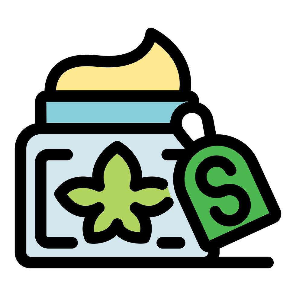 Open cosmetic cream jar with green label showing price and leaf symbol, filled outline style icon vector