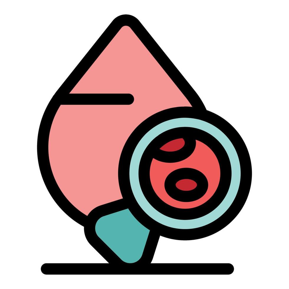 Blood drop under magnifying glass showing red blood cells, examining a sample for medical analysis vector