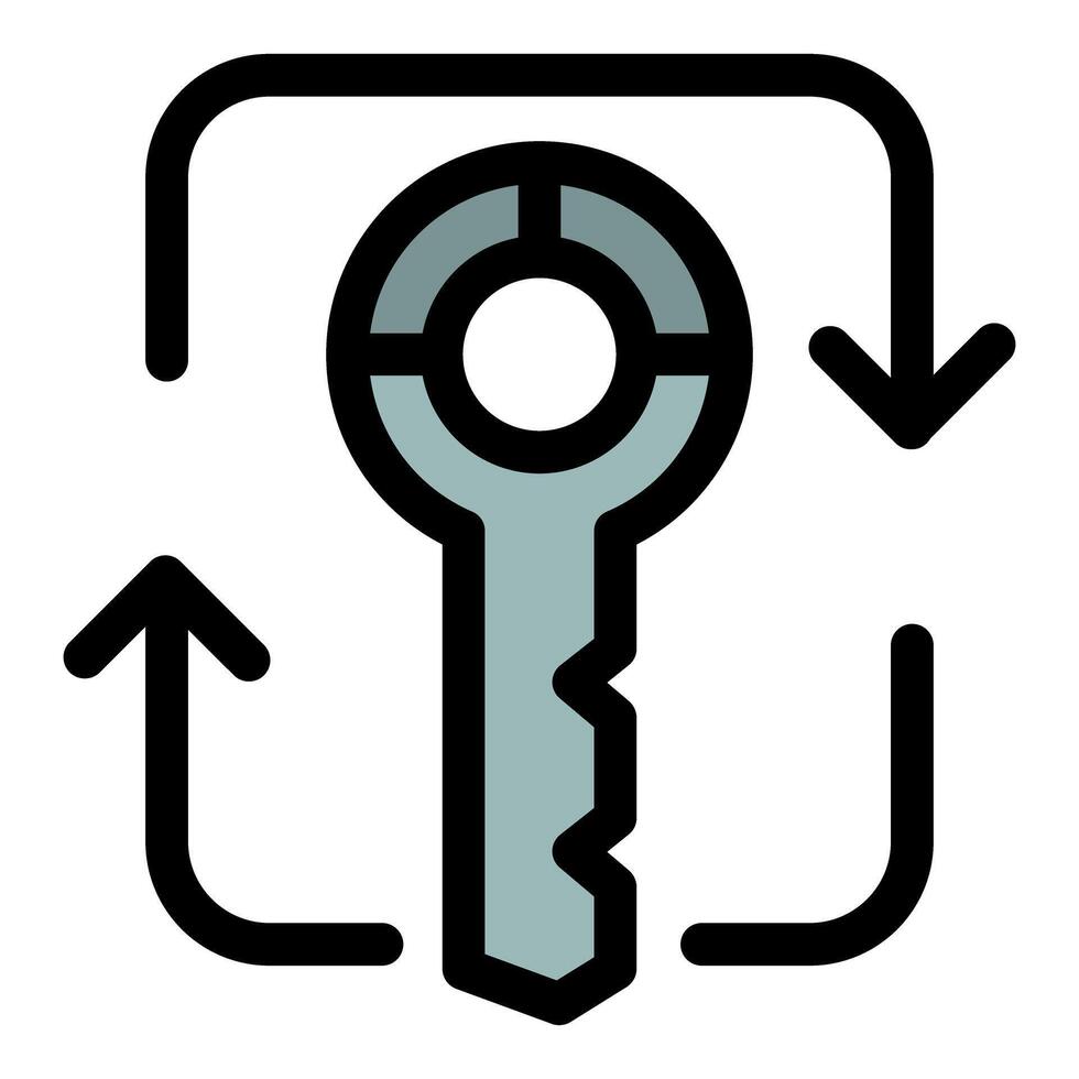 Key rotating inside square with up and down arrows representing encryption and decryption process vector
