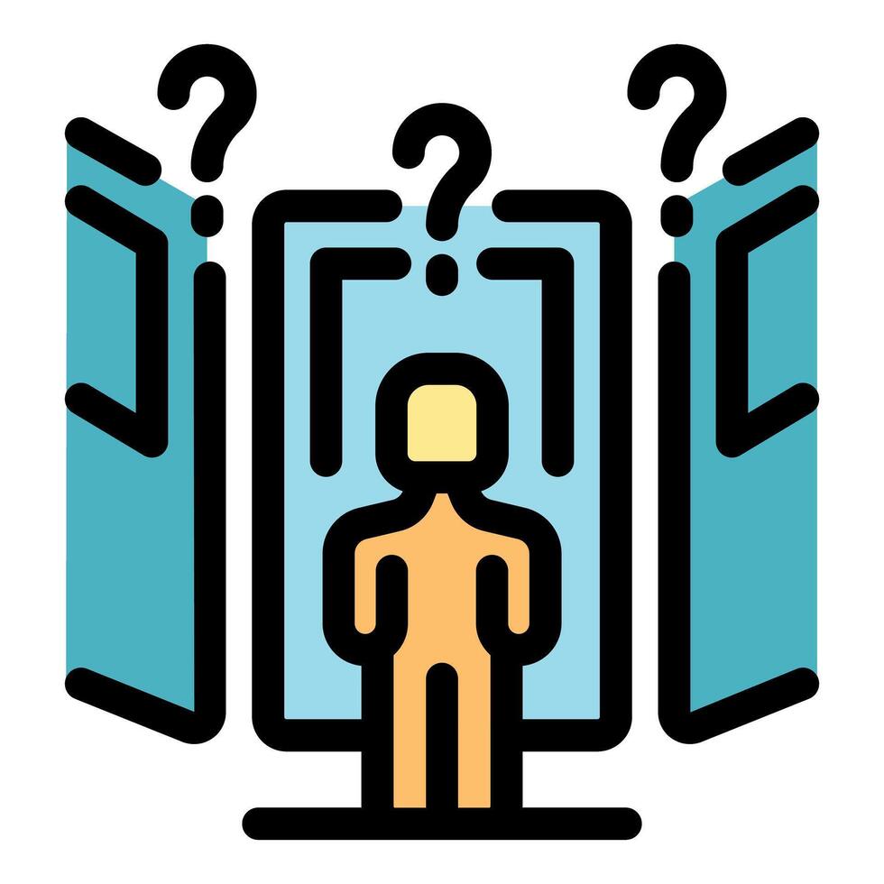 Person choosing correct door, making decision, solving problem, choosing path, opportunity, possibilities vector