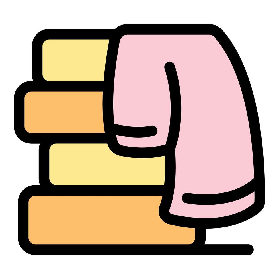 Pink towel hanging on stack of folded towels in bathroom or spa vector