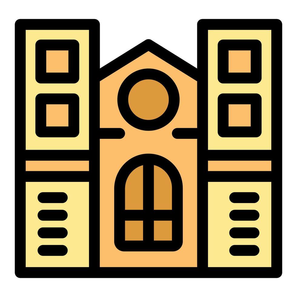 University building with large central door and side towers vector