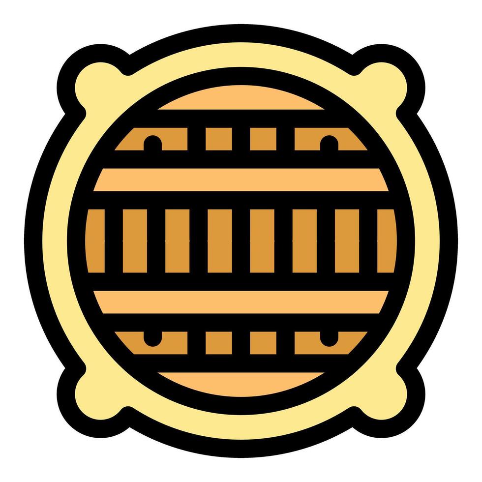 Wooden barrel top view showing wood grain and metal bands vector