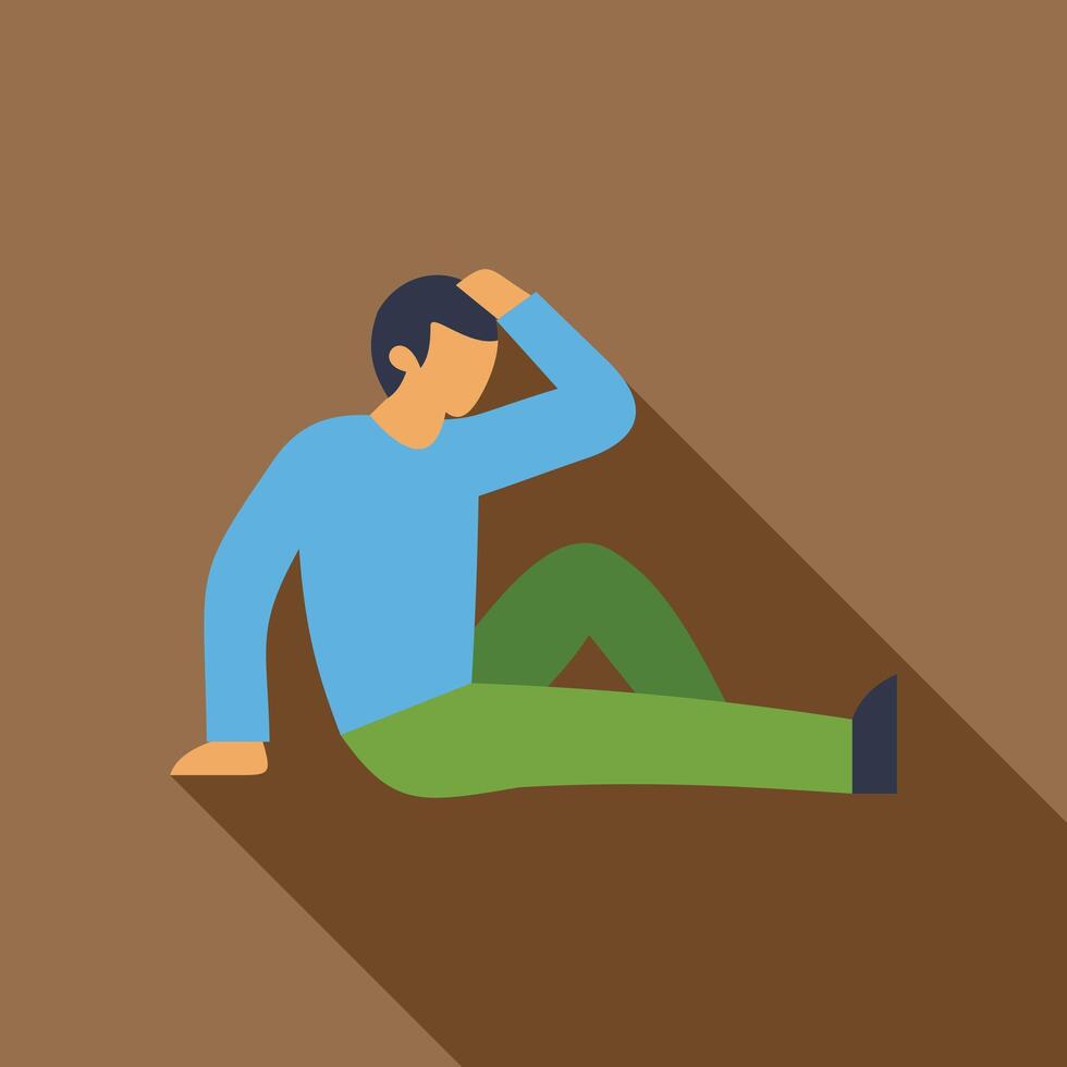 Young man doing floor exercises with hand on head vector