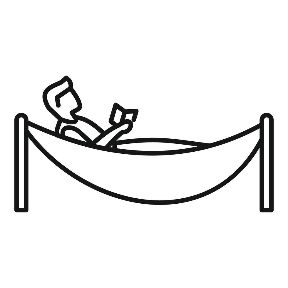 Man relaxing in hammock reading a book, line drawing icon vector