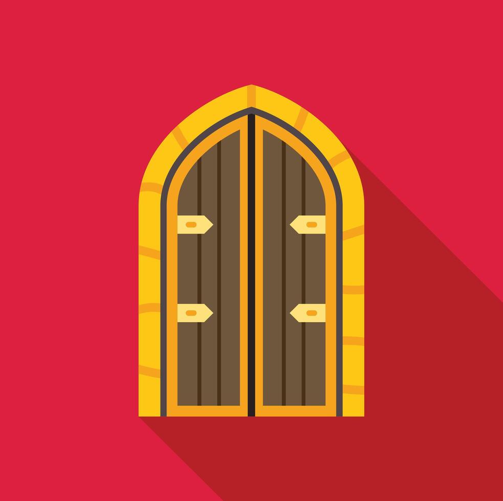 Arched wooden double door with golden frame on red wall vector