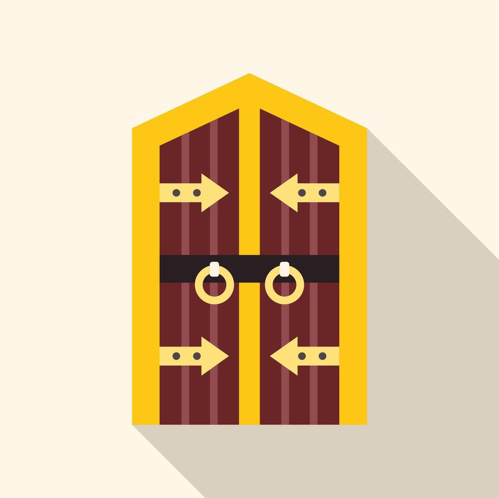 Ancient wooden double door with golden decorations and handles vector
