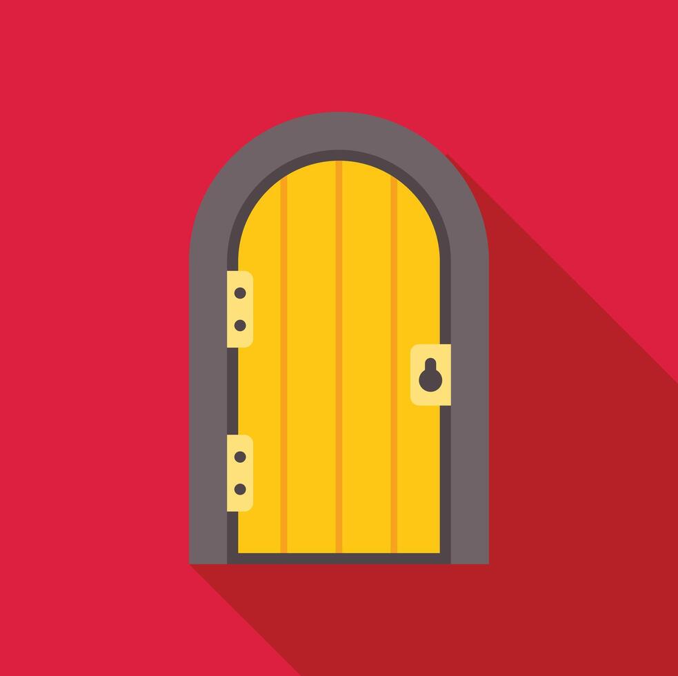 Yellow arched wooden door on red wall with long shadow vector