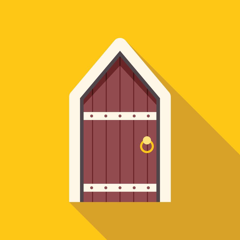 Closed medieval wooden door with metal decorations and golden handle on yellow background vector