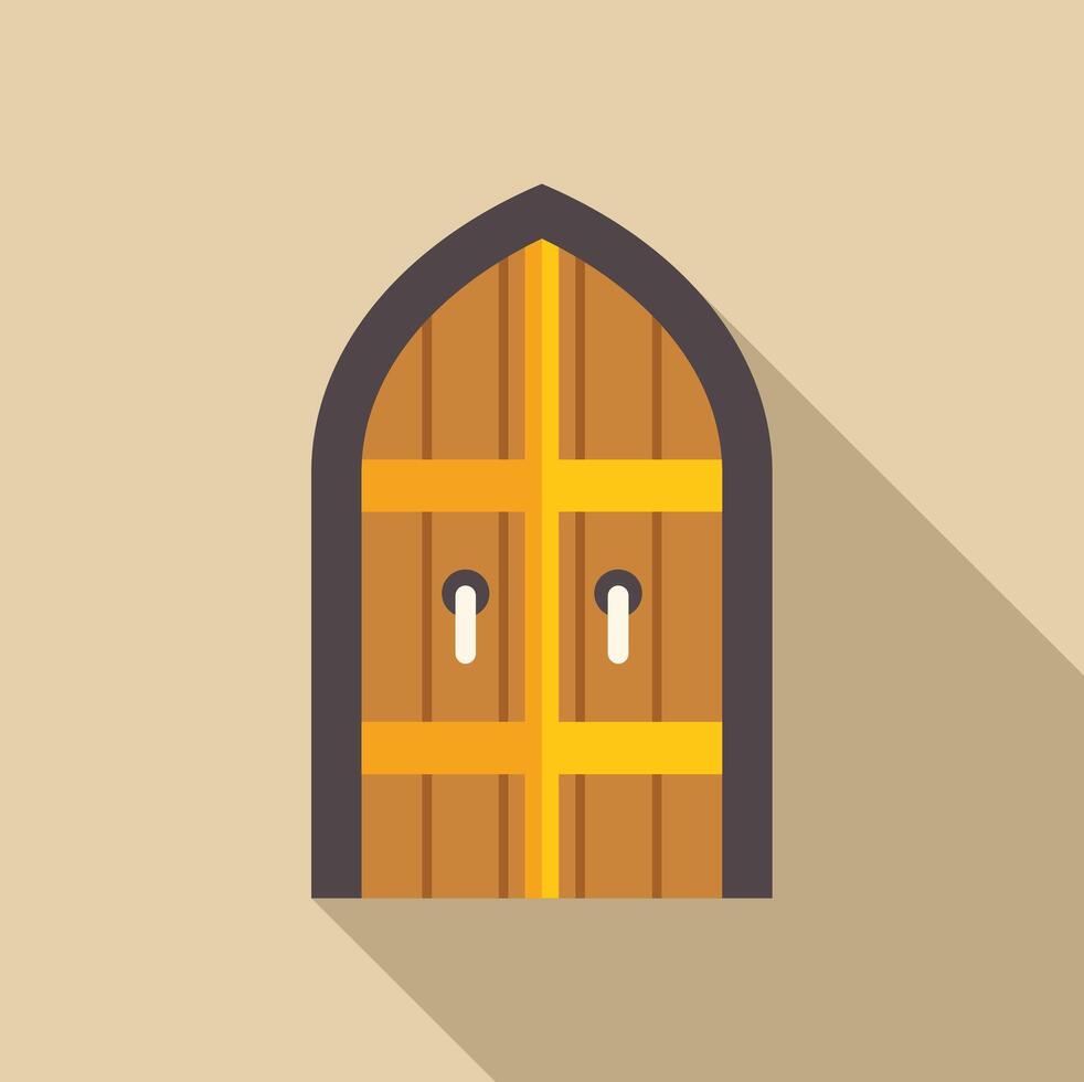 Closed medieval wooden double door with metal decorations and long shadow vector