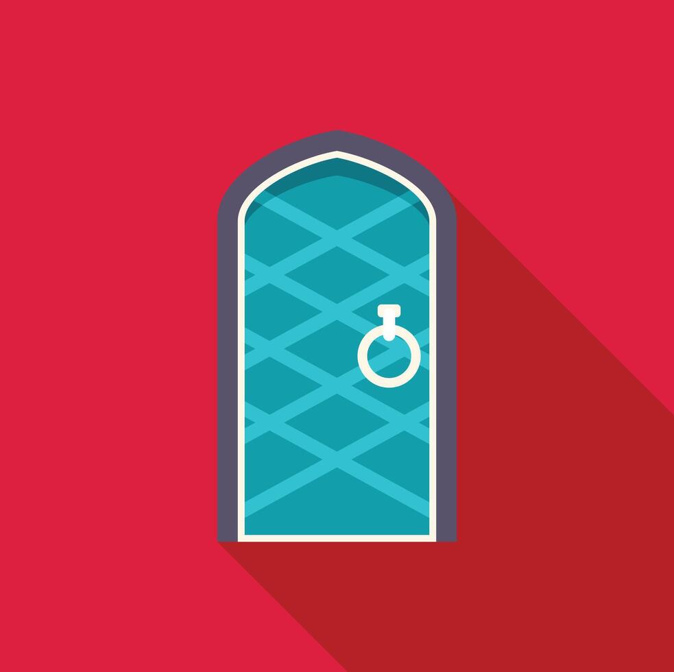 Arched medieval door with metal decoration and round handle on red background vector